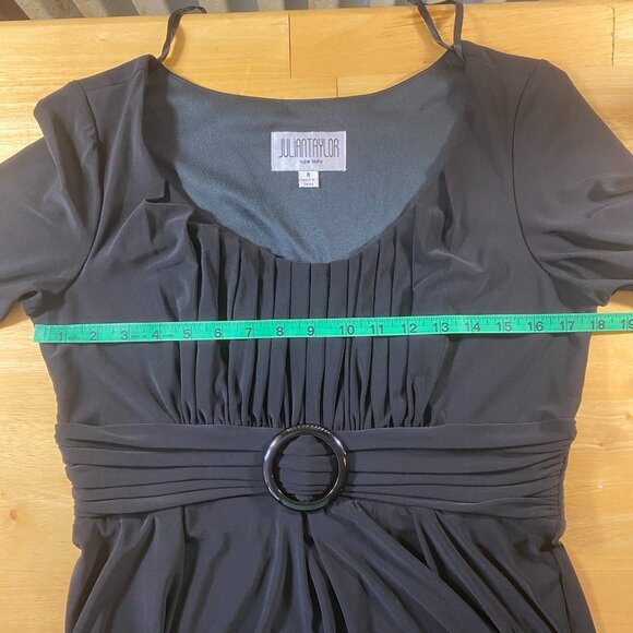 Julian Taylor 8 Dress Black Stretch Jersey LBD 3/4 Sleeve Pleated Scoop Neck EUC - Picture 8 of 10